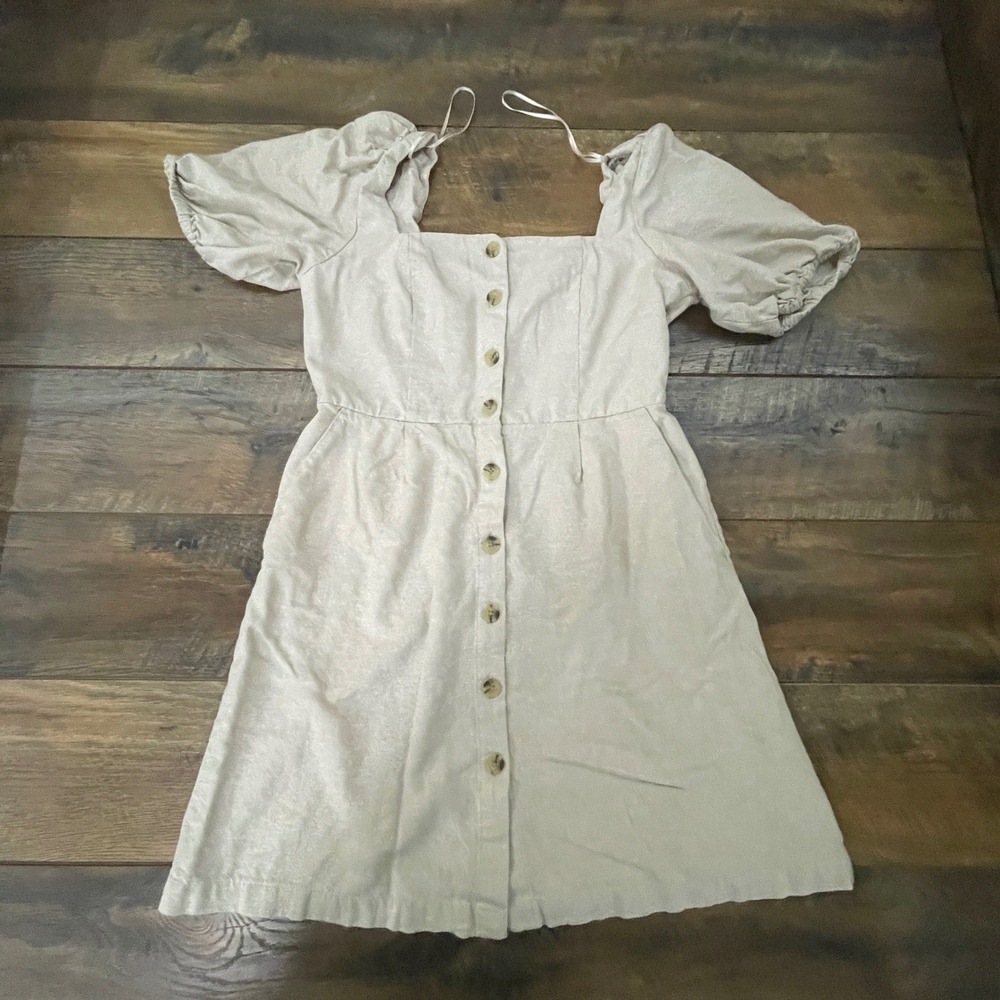 Old Navy Womens Linen Blend Button Front Puff Sleeve Mini Dress Beige Medium